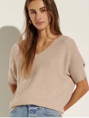 The Reset R Label 100% Wool Beige Essential V-Neck Pullover Sweater  S/M